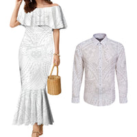 Samoa Lotu Tamaiti Couples Matching Mermaid Dress and Long Sleeve Button Shirts Polynesian White Sunday Simple LT9 White - Polynesian Pride
