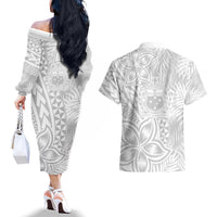 Samoa Lotu Tamait Couples Matching Off The Shoulder Long Sleeve Dress and Hawaiian Shirt Tropical Plant White Sunday With Polynesia Pattern LT9 - Polynesian Pride