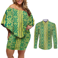 Hawaii Lei with Tribal Quilt Motif Couples Matching Off Shoulder Short Dress and Long Sleeve Button Shirt