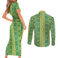 Hawaii Lei with Tribal Quilt Motif Couples Matching Short Sleeve Bodycon Dress and Long Sleeve Button Shirt