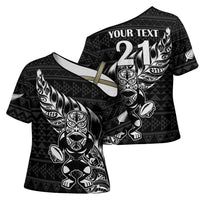 New Zealand Rugby Warrior Custom Cross Shoulder Shirt Black Fern Taniko Motif - Polynesian Pride
