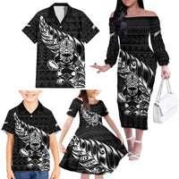 New Zealand Rugby Warrior Custom Family Matching Off The Shoulder Long Sleeve Dress and Hawaiian Shirt Black Fern Taniko Motif