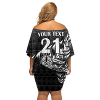 New Zealand Rugby Warrior Custom Family Matching Off Shoulder Short Dress and Hawaiian Shirt Black Fern Taniko Motif