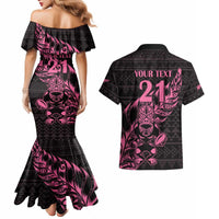 New Zealand Rugby Warrior Custom Couples Matching Mermaid Dress and Hawaiian Shirt Pink Fern Taniko Motif