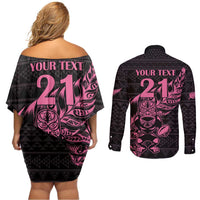 New Zealand Rugby Warrior Custom Couples Matching Off Shoulder Short Dress and Long Sleeve Button Shirt Pink Fern Taniko Motif