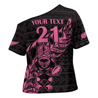 New Zealand Rugby Warrior Custom Cross Shoulder Shirt Pink Fern Taniko Motif LT9 - Polynesian Pride