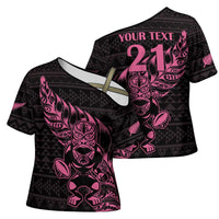 New Zealand Rugby Warrior Custom Cross Shoulder Shirt Pink Fern Taniko Motif LT9 - Polynesian Pride