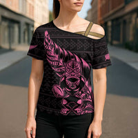 New Zealand Rugby Warrior Custom Cross Shoulder Shirt Pink Fern Taniko Motif LT9 - Polynesian Pride