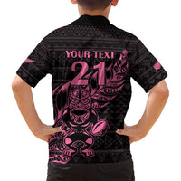 New Zealand Rugby Warrior Custom Family Matching Long Sleeve Bodycon Dress and Hawaiian Shirt Pink Fern Taniko Motif