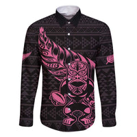 New Zealand Rugby Warrior Custom Family Matching Long Sleeve Bodycon Dress and Hawaiian Shirt Pink Fern Taniko Motif