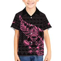 New Zealand Rugby Warrior Custom Family Matching Long Sleeve Bodycon Dress and Hawaiian Shirt Pink Fern Taniko Motif