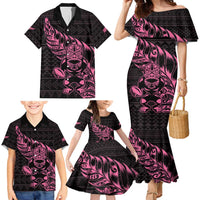 New Zealand Rugby Warrior Custom Family Matching Mermaid Dress and Hawaiian Shirt Pink Fern Taniko Motif