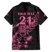 New Zealand Rugby Warrior Custom Family Matching Off The Shoulder Long Sleeve Dress and Hawaiian Shirt Pink Fern Taniko Motif