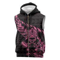 New Zealand Rugby Warrior Custom Sleeveless Zip Hoodie Pink Fern Taniko Motif - Polynesian Pride