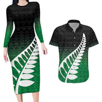 Green Silver Fern Spirit Taniko Tukutuku Personalised Couples Matching Long Sleeve Bodycon Dress and Hawaiian Shirt