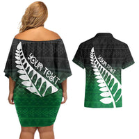 Green Silver Fern Spirit Taniko Tukutuku Personalised Couples Matching Off Shoulder Short Dress and Hawaiian Shirt