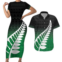 Green Silver Fern Spirit Taniko Tukutuku Personalised Couples Matching Short Sleeve Bodycon Dress and Hawaiian Shirt