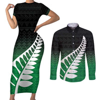 Green Silver Fern Spirit Taniko Tukutuku Personalised Couples Matching Short Sleeve Bodycon Dress and Long Sleeve Button Shirt