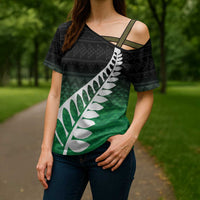 Green Silver Fern Spirit Taniko Tukutuku Personalised Cross Shoulder Shirt LT9 - Polynesian Pride