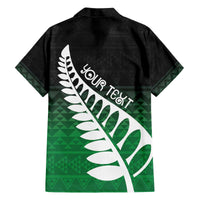 Green Silver Fern Spirit Taniko Tukutuku Personalised Family Matching Off The Shoulder Long Sleeve Dress and Hawaiian Shirt