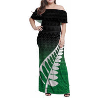 Green Silver Fern Spirit Taniko Tukutuku Personalised Family Matching Off Shoulder Maxi Dress and Hawaiian Shirt