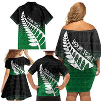 Green Silver Fern Spirit Taniko Tukutuku Personalised Family Matching Off Shoulder Short Dress and Hawaiian Shirt