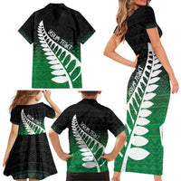 Green Silver Fern Spirit Taniko Tukutuku Personalised Family Matching Short Sleeve Bodycon Dress and Hawaiian Shirt