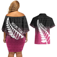 Pink Silver Fern Spirit Taniko Tukutuku Personalised Couples Matching Off Shoulder Short Dress and Hawaiian Shirt