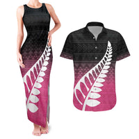 Pink Silver Fern Spirit Taniko Tukutuku Personalised Couples Matching Tank Maxi Dress and Hawaiian Shirt