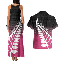Pink Silver Fern Spirit Taniko Tukutuku Personalised Couples Matching Tank Maxi Dress and Hawaiian Shirt