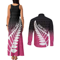 Pink Silver Fern Spirit Taniko Tukutuku Personalised Couples Matching Tank Maxi Dress and Long Sleeve Button Shirt