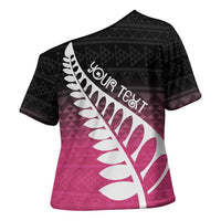 Pink Silver Fern Spirit Taniko Tukutuku Personalised Cross Shoulder Shirt LT9 - Polynesian Pride