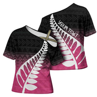 Pink Silver Fern Spirit Taniko Tukutuku Personalised Cross Shoulder Shirt LT9 - Polynesian Pride
