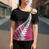 Pink Silver Fern Spirit Taniko Tukutuku Personalised Cross Shoulder Shirt LT9 - Polynesian Pride