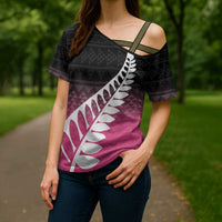 Pink Silver Fern Spirit Taniko Tukutuku Personalised Cross Shoulder Shirt LT9 - Polynesian Pride