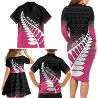 Pink Silver Fern Spirit Taniko Tukutuku Personalised Family Matching Long Sleeve Bodycon Dress and Hawaiian Shirt
