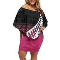 Pink Silver Fern Spirit Taniko Tukutuku Personalised Family Matching Off Shoulder Short Dress and Hawaiian Shirt