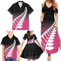 Pink Silver Fern Spirit Taniko Tukutuku Personalised Family Matching Summer Maxi Dress and Hawaiian Shirt
