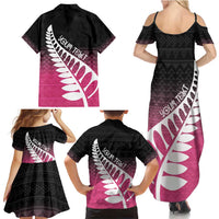 Pink Silver Fern Spirit Taniko Tukutuku Personalised Family Matching Summer Maxi Dress and Hawaiian Shirt