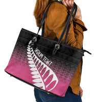 Pink Silver Fern Spirit Taniko Tukutuku Personalised Leather Tote Bag