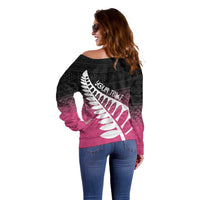 Pink Silver Fern Spirit Taniko Tukutuku Personalised Off Shoulder Sweater