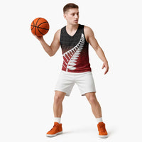 Red Silver Fern Spirit Taniko Tukutuku Personalised Basketball Jersey - Polynesian Pride