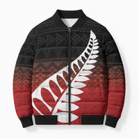 Red Silver Fern Spirit Taniko Tukutuku Personalised Bomber Puffer Jacket - Polynesian Pride
