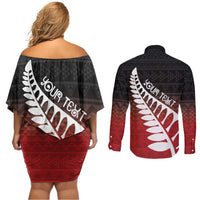 Red Silver Fern Spirit Taniko Tukutuku Personalised Couples Matching Off Shoulder Short Dress and Long Sleeve Button Shirt