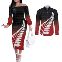 Red Silver Fern Spirit Taniko Tukutuku Personalised Couples Matching Off The Shoulder Long Sleeve Dress and Long Sleeve Button Shirt