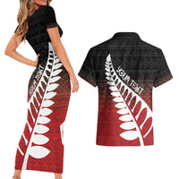 Red Silver Fern Spirit Taniko Tukutuku Personalised Couples Matching Short Sleeve Bodycon Dress and Hawaiian Shirt