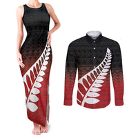 Red Silver Fern Spirit Taniko Tukutuku Personalised Couples Matching Tank Maxi Dress and Long Sleeve Button Shirt