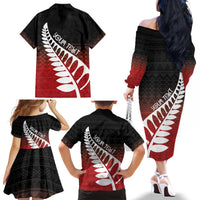 Red Silver Fern Spirit Taniko Tukutuku Personalised Family Matching Off The Shoulder Long Sleeve Dress and Hawaiian Shirt
