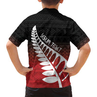 Red Silver Fern Spirit Taniko Tukutuku Personalised Family Matching Off Shoulder Short Dress and Hawaiian Shirt