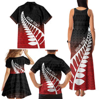Red Silver Fern Spirit Taniko Tukutuku Personalised Family Matching Tank Maxi Dress and Hawaiian Shirt